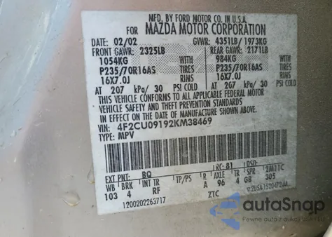 2002 Mazda Tribute Lx from USA, damaged, VIN 4F2CU09192KM38469